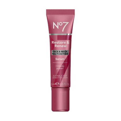 No7 Restore & Renew Multi-Action Face & Neck Serum - Anti Aging Serum for Deep Wrinkle Repair - Collagen Infused Skincare with a Hydrating Blend of Hibiscus Peptides & Hyaluronic Acid (0.5 Fl Oz)