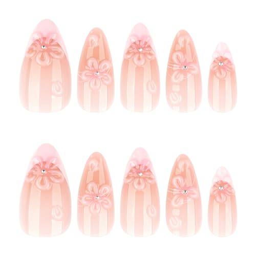 UZJXQ Style-19 Medium Almond Pink Press-On Nails with 3D Flower Design, Glossy Fake Nails for Women Menicure, 24Pcs