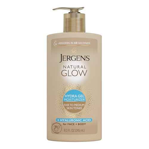 Jergens Natural Glow Hydra Gel Moisturizer, Hyaluronic Acid Tanning Lotion, Hydrating Tanning Gel, Fragrance-Free Self Tanner, Fair to Medium Skin Tones, 8.3 Fl Oz