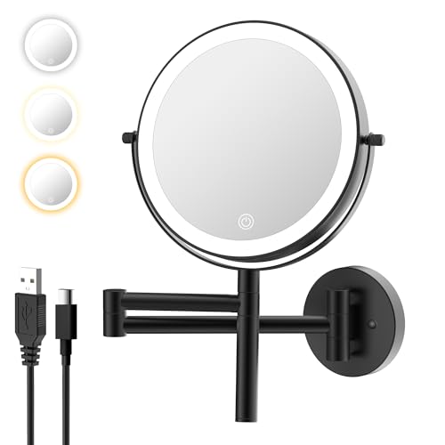 8" Wall Mounted Makeup Mirror with Handle, 3 Color Lights Dimmable and 1X/10X Magnification, Rechargeable Bathroom Wall Mount Magnifying Mirror with Extension Arm Height Adjustable Black