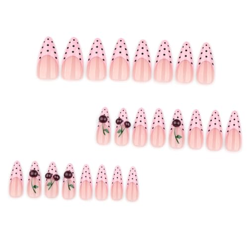 Pink Almond French Press-On Nails with 3D Cherry Design - 24 Pcs