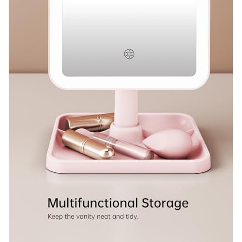 Famihomii Rechargeable Lighted Makeup Mirror for Girls, Desk Mirror with Lights, Detachable 10X Magnifying Mirror, Storage Base, 360¡Æ Rotation, Dimmable Lights for Teens Gifts, Pink