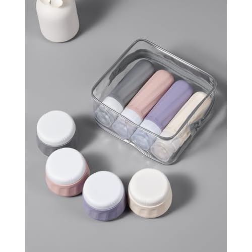 Travel Size Toiletries 8 Pack, TSA Approved 3oz Silicone Squeeze Bottles & Cream Jars with Clear Travel Bag