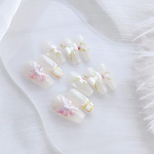 LARSOOY Nails Handmade Press on Nails Medium Long Coffin | Handmade nails with Butterflies and Flowers | Reusable Fake Nails For Summer Days | False Nails 10 Pcs (Flower Field, S)