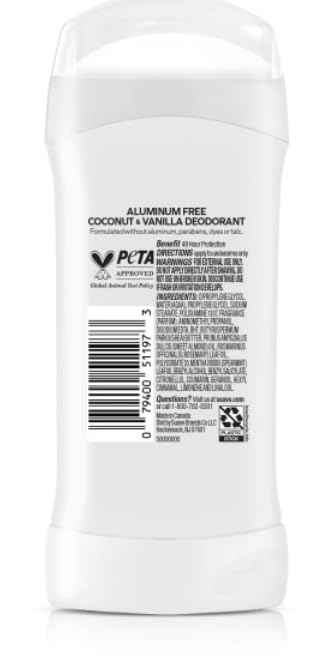 Suave Aluminum Free Deodorant for Women, Coconut & Vanilla, 48-Hour Odor Protection, Free of Talc, Parabens & Dyes 2.6 oz (Pack of 12)