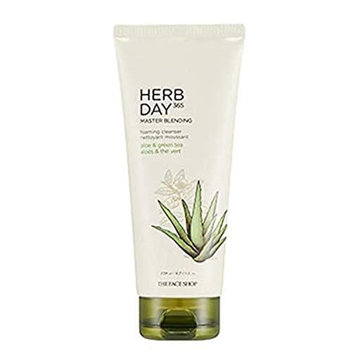 The Face Shop Herb Day 365 Master Blending Cleansing Foam Aloe & Green Tea Face Cleanser - Moisturizing, Hydrating, Soothing Face Wash - Korean Skin Care Facial Cleanser - Suitable for All Skin Types