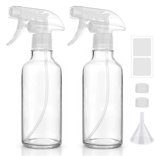 Hethyo 12oz Glass Spray Bottles - Refillable Mist & Stream Nozzle (2 Pack)