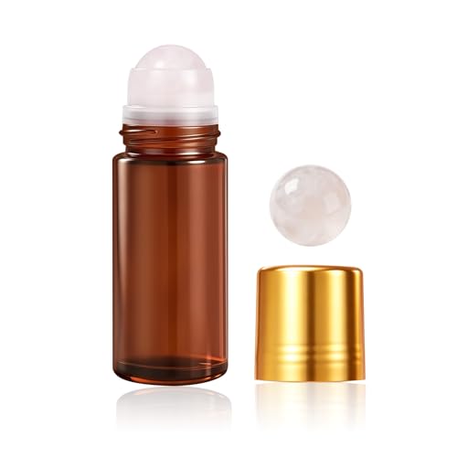 Rose Quartz Roller Bottle for Essential Oils, 50ml Amber Glass