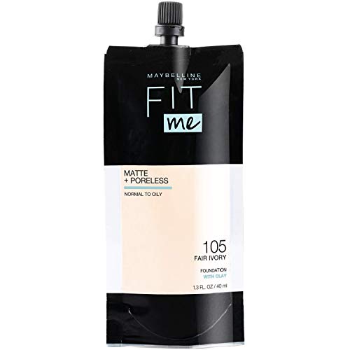 Maybelline New York Fit Me Matte + Poreless Liquid Foundation, Pouch Format, 105 Fair Ivory, 1.3 Ounce