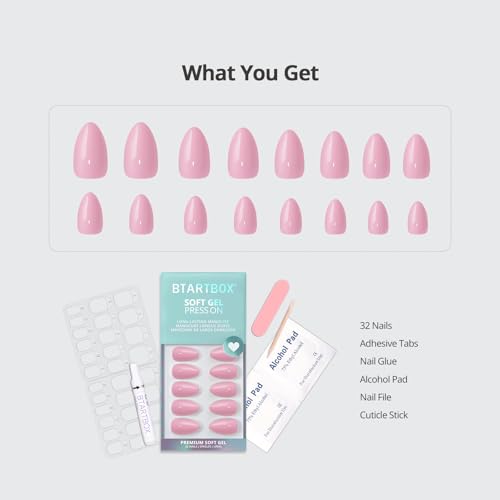 BTArtbox Press On Nails Almond Pastel Pink 32 Pc