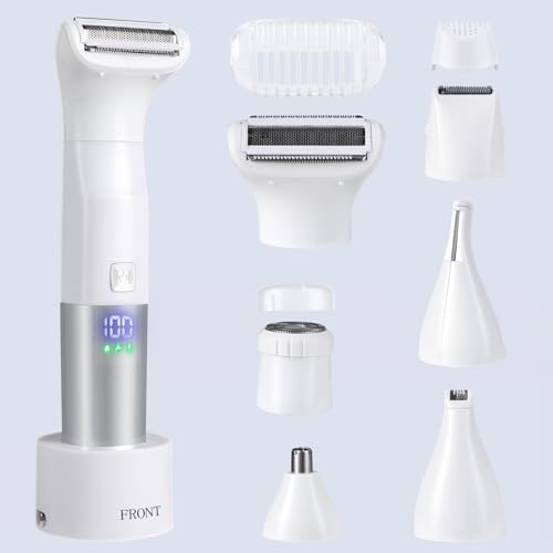 Shaver for Women, 6-in-1 Body Hair Trimmer, Facial & Pubic Hair Removal, IPX7 Waterproof Wet & Dry Grooming Electric Shaver Kit,Cordless Travel Razor with USB Charging Dock