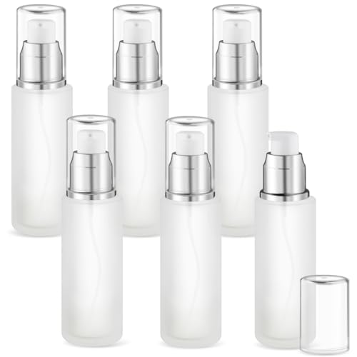 6 Pcs 60ml/2oz Frosted Glass Pump Bottles Refillable Liquid Foundation Bottle Cosmetic Containers Jars with Pump Dispenser for Makeup Cream Body Cream Lotion - Silver
