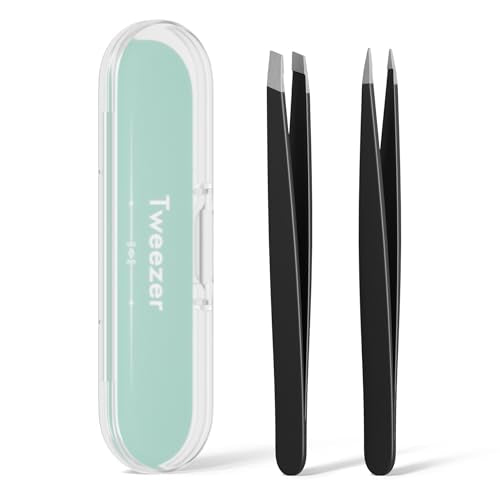 Black 2 Pack Eyebrow Tweezers Set - Slant & Point Tips for Precision Grooming
