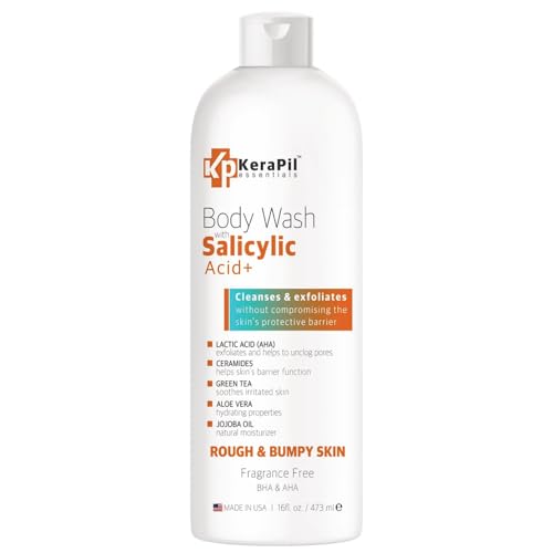 KERAPIL Exfoliating Body Wash with Salicylic Acid - No Dry Out, Gentle Exfoliates Rough and Bumpy Skin, Body Acne Wash, BHA & AHA - Coconut and Vanilla Salicylic Acid Body Wash - (16 fl oz)