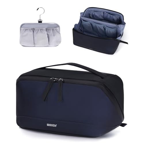 WANDF Toiletry Bag for Men, PU Leather Travel Organizer with Detachable Waterproof Hanging Pouch, Open-Flat Dopp Kit Shaving Bag with Wet Pocket for Travel Toiletries Accessories (Navy Blue)