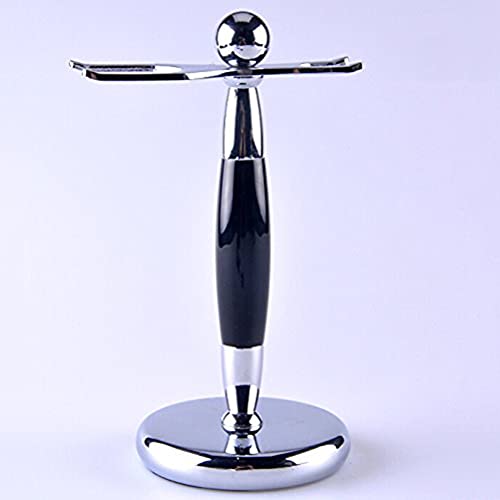 SANWA Deluxe Stainless Steel Shaving Brush Stand Holder for Razor & Brush Weighted Base Black Handle