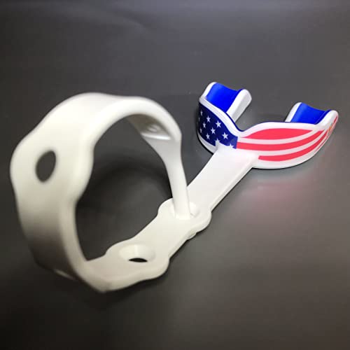 Oral Mart USA Flag Strapped Youth Mouth Guard for Kids - American Flag Sports Mouthguard with Connected Strap for Ice Hockey, Football, Lacrosse, Taekwondo