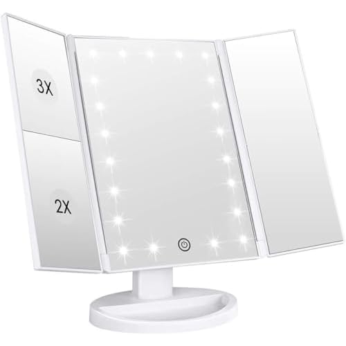WEILY Makeup Vanity Mirror with 21 LED Lights and Touch Screen, Tri-Fold 1x 2X 3X Magnification,180¡Æ Adjustable Rotationand USB Powered,Countertop Cosmetic Makeup Mirror (White)