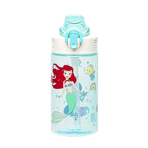 Zak Designs Sage Disney Princess Kids Water Bottle For School or Travel, 16oz Durable Plastic Water Bottle With Straw, Handle, and Leak-Proof, Pop-Up Spout Cover (Ariel & Jasmine)