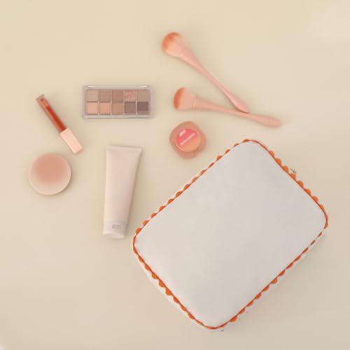 THOVSMOON Canvas Makeup Bag for Women Natural & Orange Rick Rack Trim