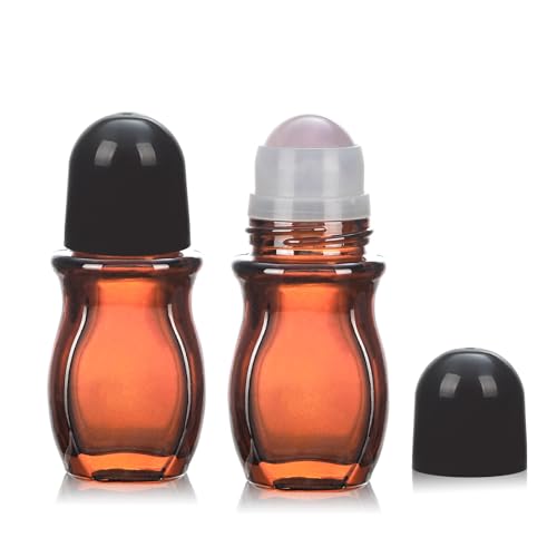 1oz Amber Glass Roll-On Bottles with Crystal Roller Ball (2 Pack)