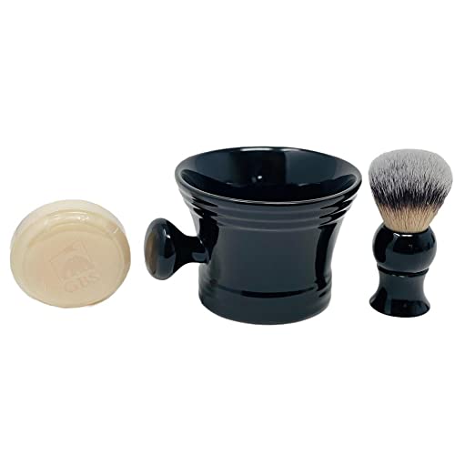 G.B.S Men's Wet Shaving Black Set - Pack of 3 Piece- Synthetic Hair Shaving Brush, Ceramic Mug and 97% All Natural Shaving Soap Compliments for any Shaving Razor