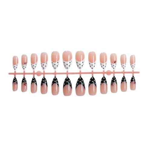 Polka Dot Press on Nails Medium Almond Nails Press on with Insects Bugs Design Glossy Black White French Tips Glue on Nails Reusable Full Cover Dots Nail Fall Winter Fake Nail for Women Manicure 24Pcs