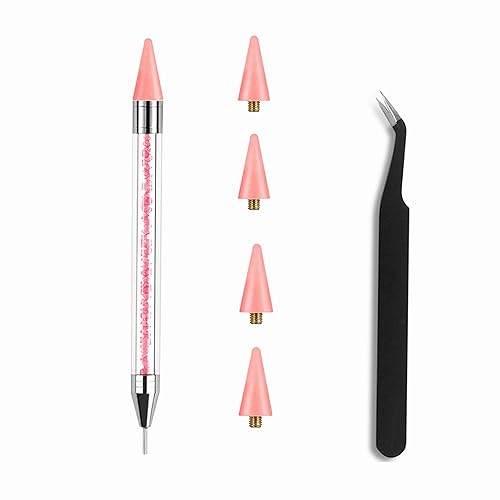 Kaychan1 Rhinestone Applicator Tool - Acrylic Handle Dual-Ended Wax Pen DIY Nail Art Tool with 4 Extra Wax Tips 1 Tweezer (Pink)