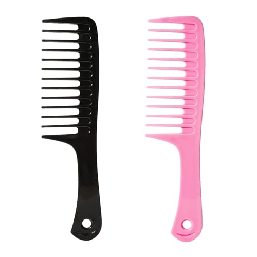 Wide Tooth Comb for Curly Hair - Detangling Shower Comb Black-Pink 2PCS