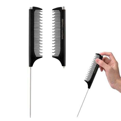 Jurrissa Rat Tail Combs for Parting,Protable Retractable Rat Tail Comb-Parting Combs for Hair Stylist-Stainless Steel Pin Tail Fine Tooth Teasing Comb Heat Resistant Anti Static