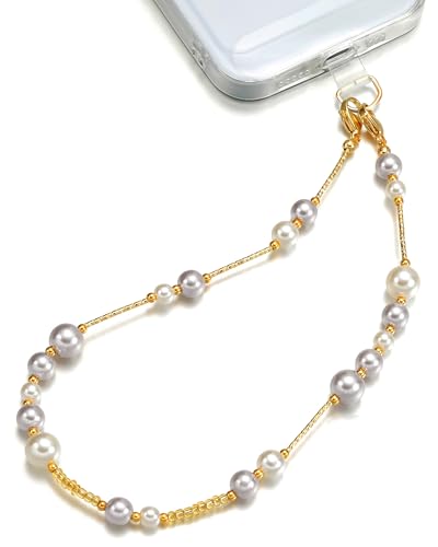 White Pearl Phone Charm Wrist Strap with Gold Beaded Lanyard