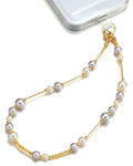 White Pearl Phone Charm Wrist Strap with Gold Beaded Lanyard