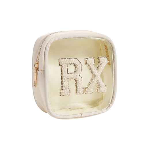 Small Chenille Letter Clear Medicine Makeup Bags,Nylon PVC Waterproof Rx Pouch with Metal Zipper, Cute Drug First Aid Travel Organizer for Women Girls(06Beige)