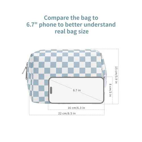 Narwey Checkered Makeup Bag Travel Cosmetic Bag Organizer Toiletry Bag Make Up Bags with Compartments for Women Girls((Large, Sky Blue Checkerboard)