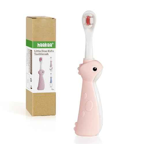 haakaa Dinosaur Toothbrush for Kids 2-4 ? Soft Bristles Baby Toothbrush with Silicone Handle, Non-Slip Grip & Tongue Cleaner | BPA-Free, Fun Training for Toddlers - Pink, 1 Count