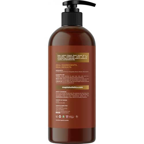 USDA Organic Sweet Almond Oil - Pure Cold Pressed Organic Almond Oil for Skin Hair and Nails - Moisturizing Organic Body Oil for Women and Men plus Carrier Oil for Essential Oils Mixing 16oz