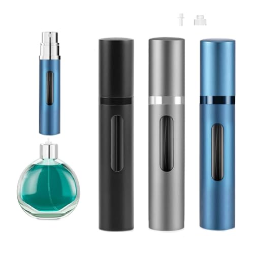 3-Pack 10ml Refillable Travel Perfume Atomizer, Leakproof Bottom-Fill Spray Bottle, Compact Reusable Fragrance Dispenser for Women Men Gift (Black+Blue+Gray)