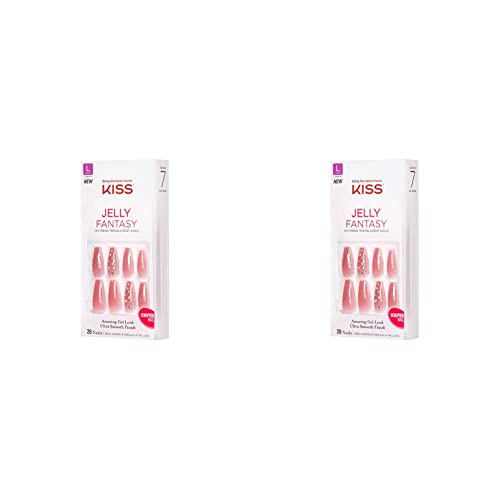 KISS Jelly Fantasy On-Trend Translucent Nails, Long Sculpted Glue-On/Press-On Fake Nails Kit, “Be Jelly”, with Pink Gel Nail Glue, 24 Mega Adhesive Tabs, Mini File, Manicure Stick, & 28 (Pack of 2)