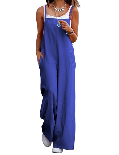 YESNO Women's Summer Boho Casual Jumpsuits Wide Leg Overalls Floral Print Baggy Rompers with Pocket XS PZZCR Solid Royal Blue