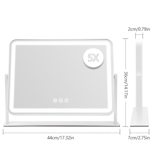 Vanity Mirror with Lights, 5X Magnification Spot Mirror, Makeup Mirror with Dimmable 3 Color Lighting, 17.3"L x 14.2"W