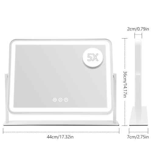 Vanity Mirror with Lights, 5X Magnification Spot Mirror, Makeup Mirror with Dimmable 3 Color Lighting, 17.3"L x 14.2"W