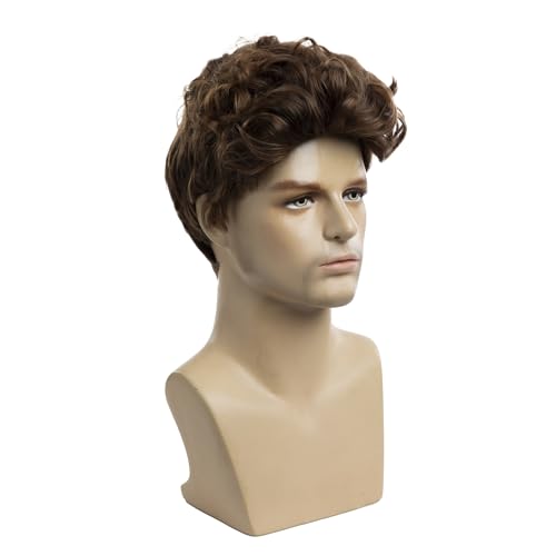 Baruisi Mens Short Brown Wig Natural Curly Fluffy Hair Wig Synthetic Cosplay Replacement Wig for Male