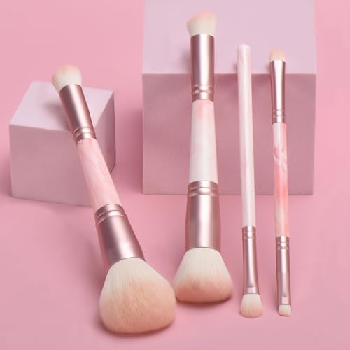 4PCS Pink Dual-Ended Makeup Brushes Set, Professional Foundation Blush Eyeshadow Brush Kit