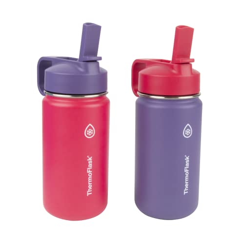 ThermoFlask 14 oz Double Wall Vacuum Insulated Stainless Steel 2-Pack of Water Bottles, Punch/Eggplant