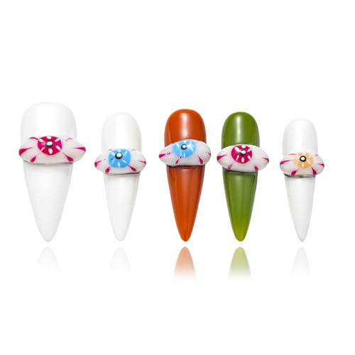 Colorful Hand-pained Devil eyes Handmade Press On Nails,Long Stiletto Glue On Nails,3D Relief Mesmerizing False Nails For Women And Girls,10Pcs/Set With Glue,(White-S),FOB