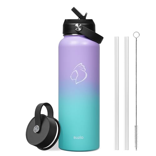 BUZIO 40oz Insulated Water Bottle, Stainless Steel Double Wall Water Flask (Cold for 48 Hrs) Leak Proof Sports Bottles Jug with Straw Lid Flex Cap Metal Canteen for Gym Travel Camping,Purple Green