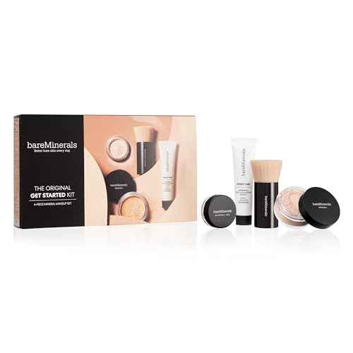 bareMinerals Original Get Started Kit Mini, 4 Piece Mineral Makeup Includes Original Loose Foundation, Face Primer, Setting Powder, Brush, Must-Have Kit, Travel Size, Vegan