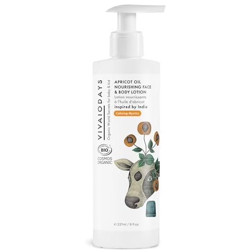 VIVAIODAYS Organic Apricot Oil Face & Body Lotion for Baby & Family | Nourishing, Soothing, Fast-Absorbing Moisturizer with Aloe & Olive Oil | Gentle Daily Hydration, Big Bottle with Pump, 8 fl. oz.