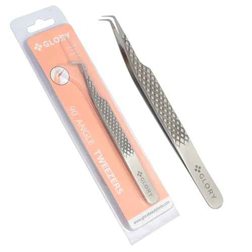 Glory 90 Degree Angle Lash Tweezers for Eyelash Extensions ? Precision Fiber Tip Diamond Grip Stainless Steel Lash Tool for Mega Volume Classic & Professional Lash Tech Supplies