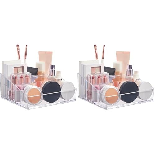 STORi Clear Plastic Small Countertop Vanity Makeup Organizer, Compact Rectangular 4-Compartment Holder for Brushes, Eyeshadow Palettes, & Beauty Supplies, Made in USA (Pack of 2)